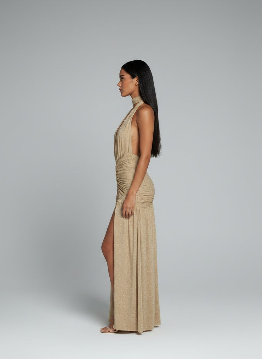 Side profile of the model wearing Halter Backless Bright Silk Dress V-neck