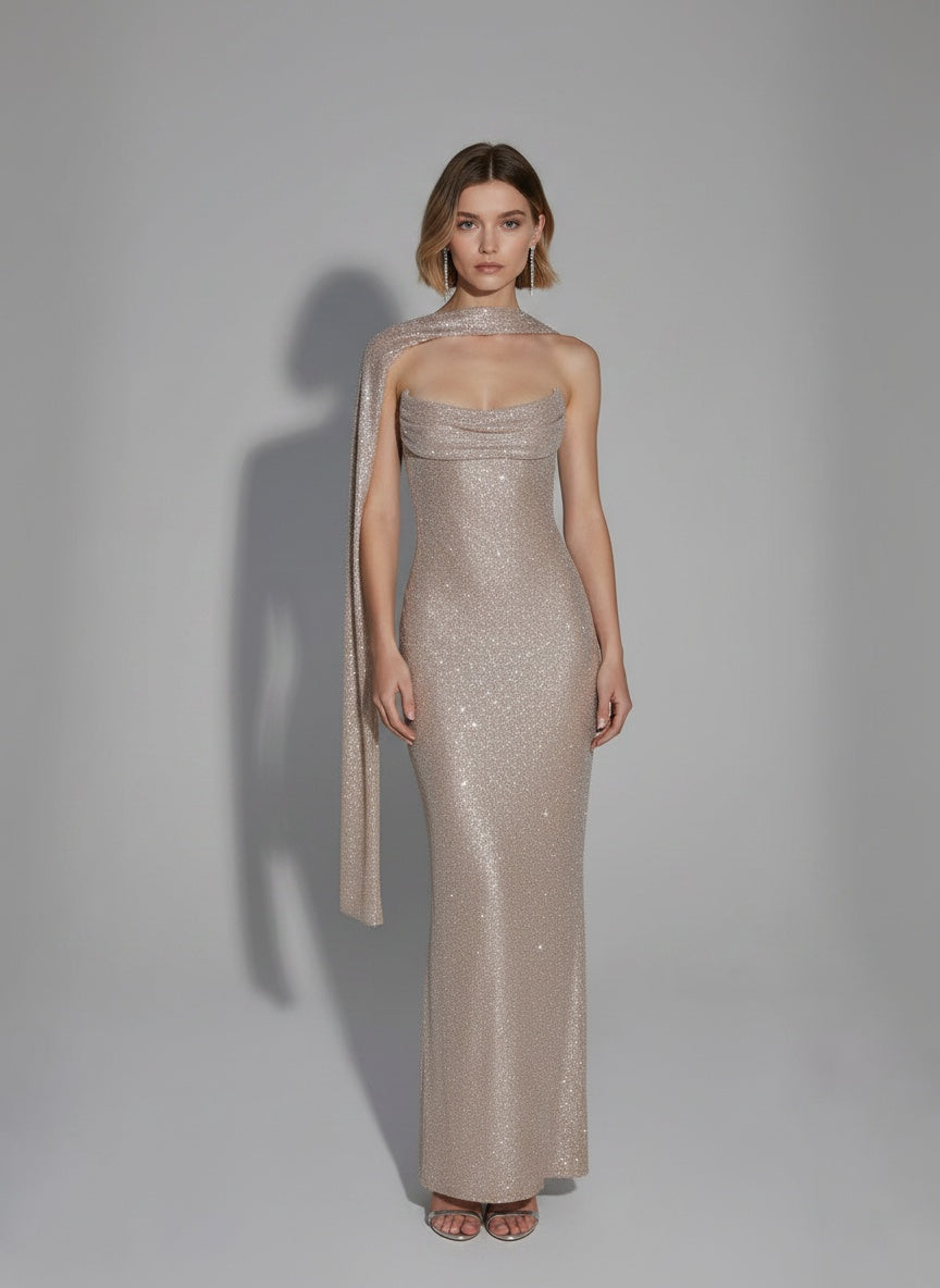 Full body view of the model wearing Spring Womens Long Sequin Dress