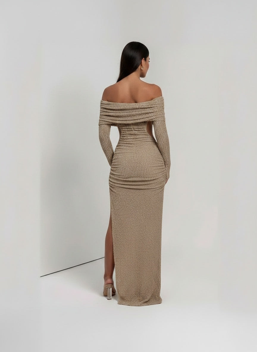 Back pose of the model wearing Women's Fashion Hollowed-out Off-shoulder Dress