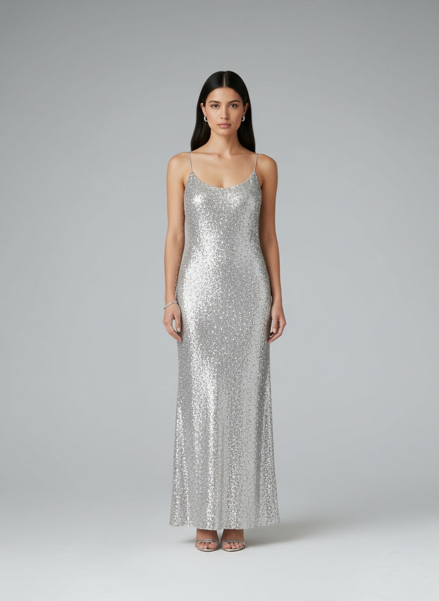 Full body view of the model wearing Sexy Backless Mesh Stitching Socialite Temperament Slim Dress
