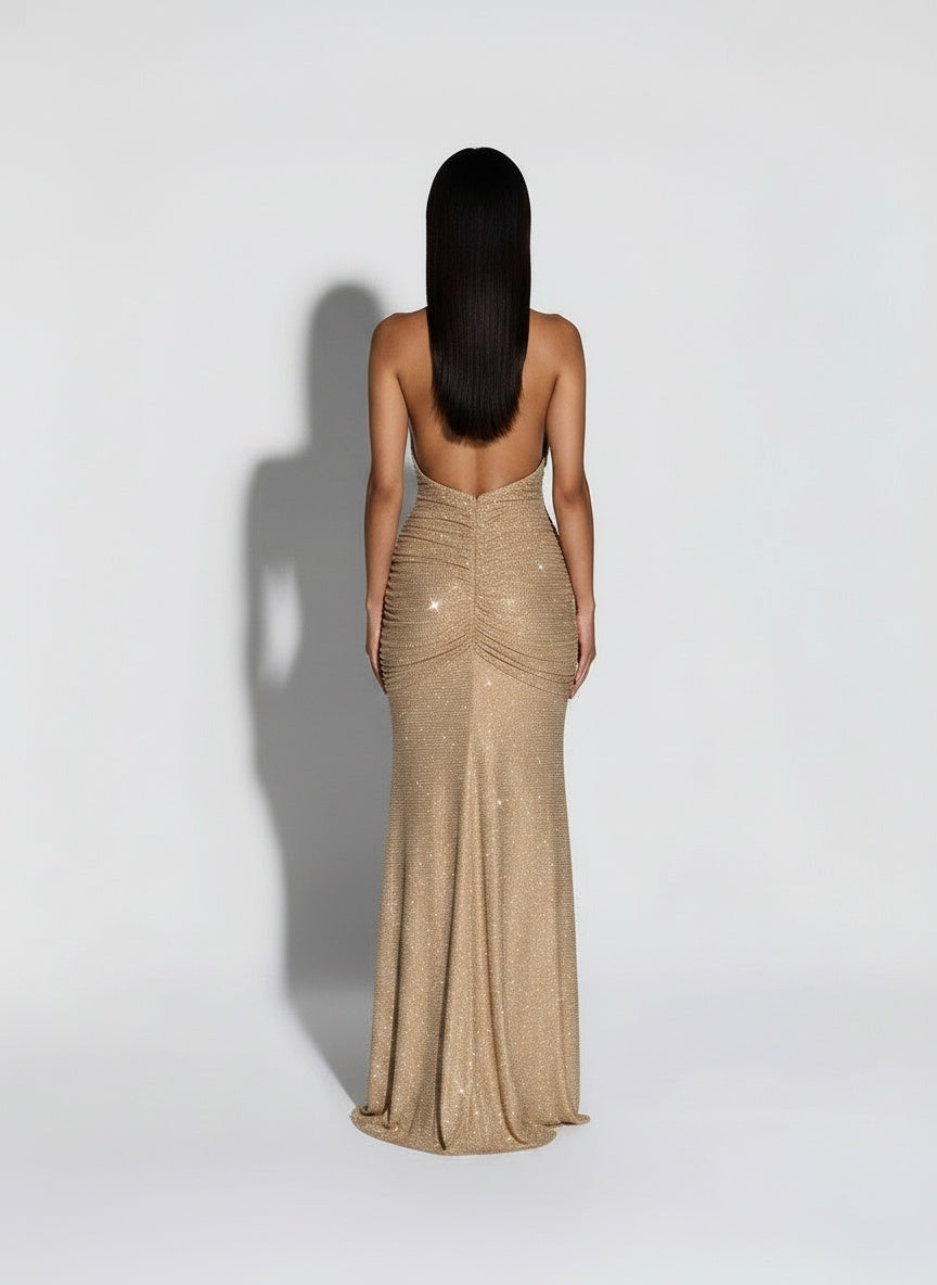 Back pose of the model wearing Womens Stylish Chic And Sexy Backless Deep V-Neck Halter Dress