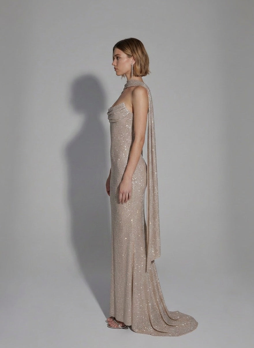 Side profile of the model wearing Spring Womens Long Sequin Dress