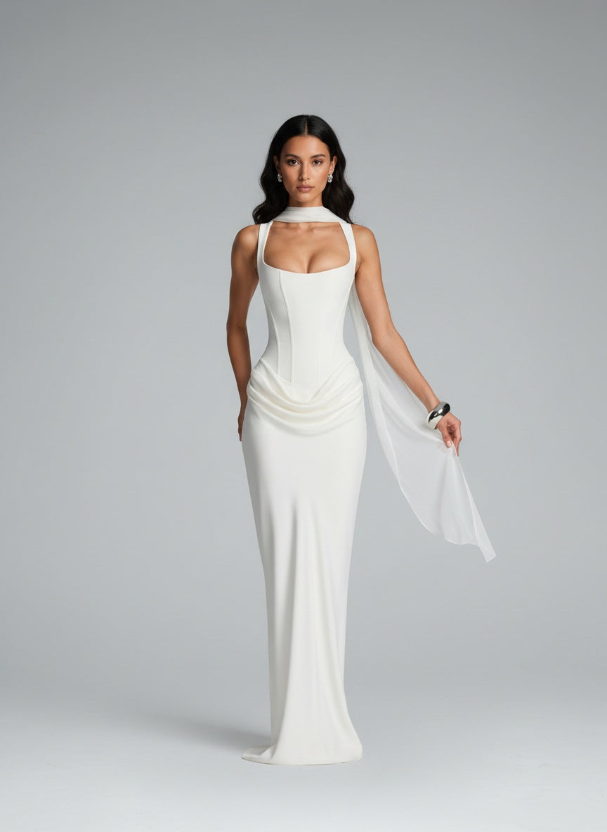 Full body view of the model wearing Women's Strapless Sleeveless Sheath Maxi Dress