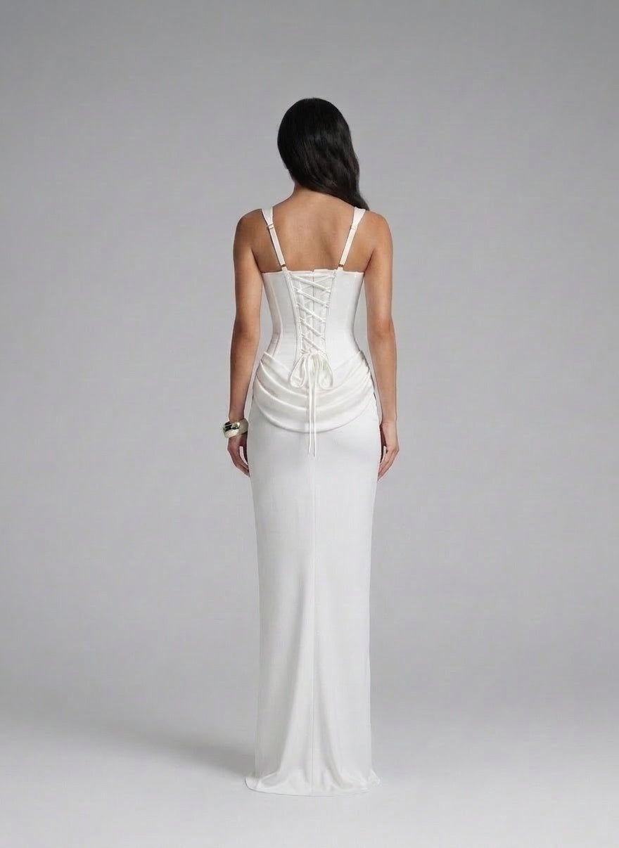 Back pose of the model wearing Women's Strapless Sleeveless Sheath Maxi Dress