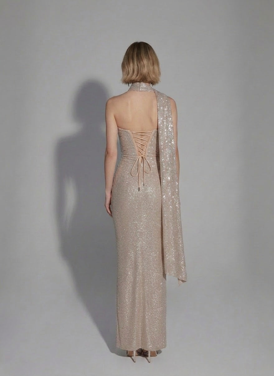 Back pose of the model wearing Spring Womens Long Sequin Dress
