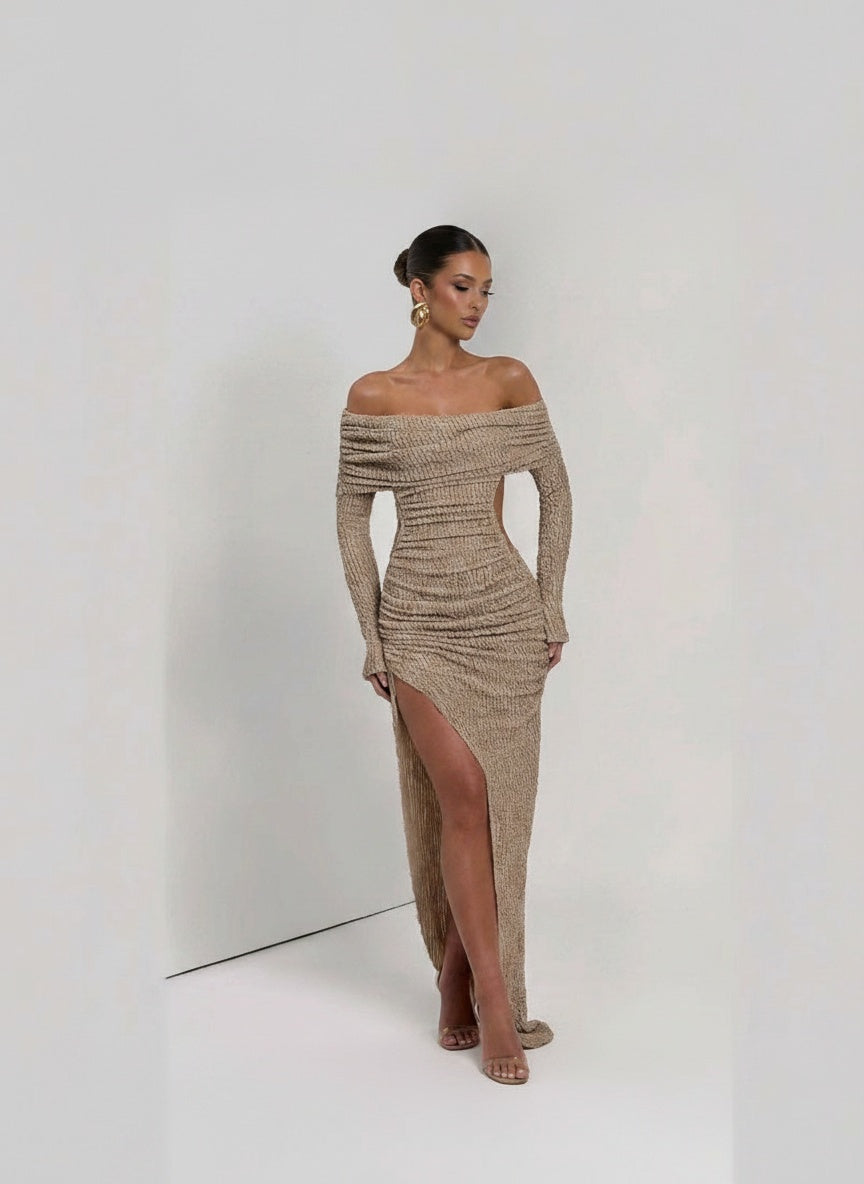 Full body view of the model wearing Women's Fashion Hollowed-out Off-shoulder Dress