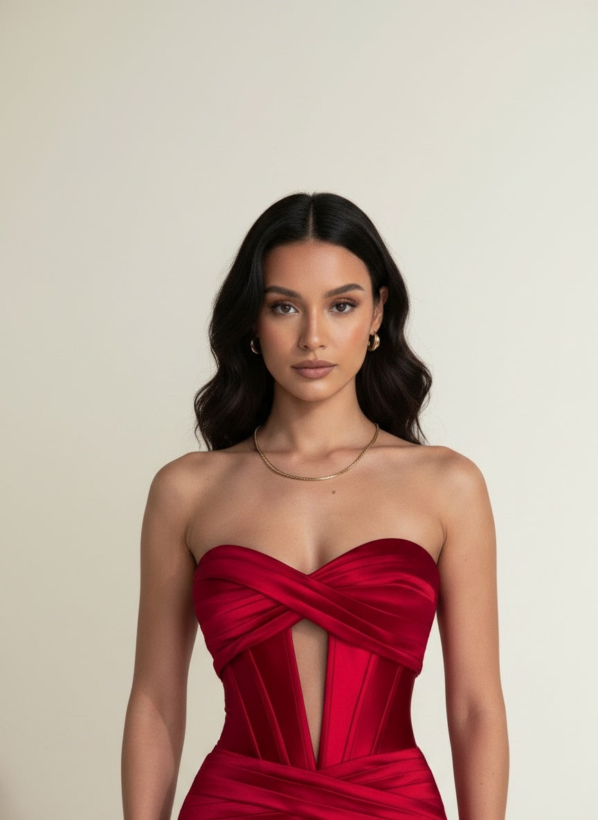 Close-up of the model wearing Elegant Chest-wrapped Off-neck Long Banquet