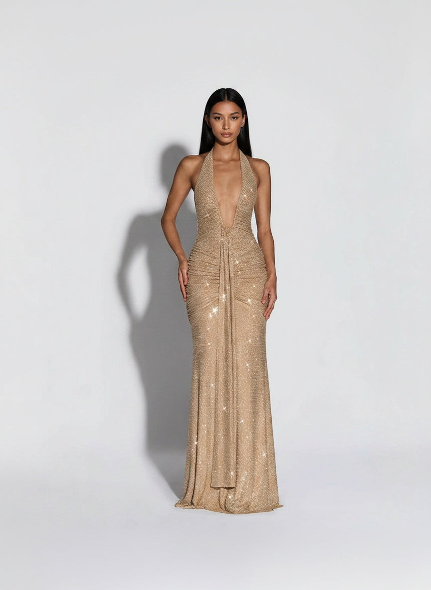 Full body view of the model wearing Womens Stylish Chic And Sexy Backless Deep V-Neck Halter Dress