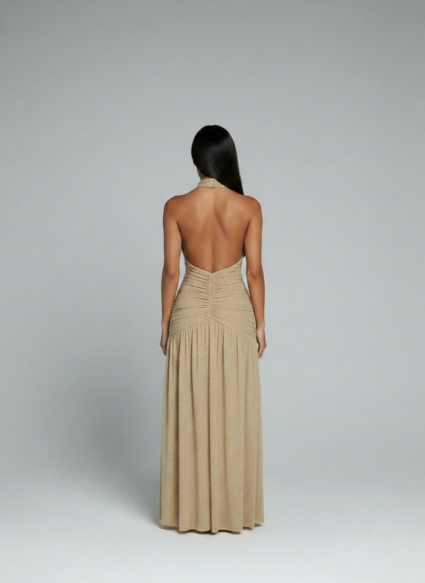 Back pose of the model wearing Halter Backless Bright Silk Dress V-neck