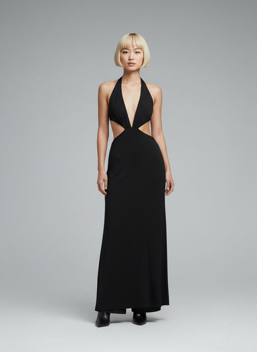 Full body view of the model wearing Deep V Midriff Outfit Backless Dress