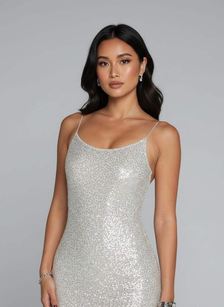 Close-up of the model wearing Sexy Backless Mesh Stitching Socialite Temperament Slim Dress