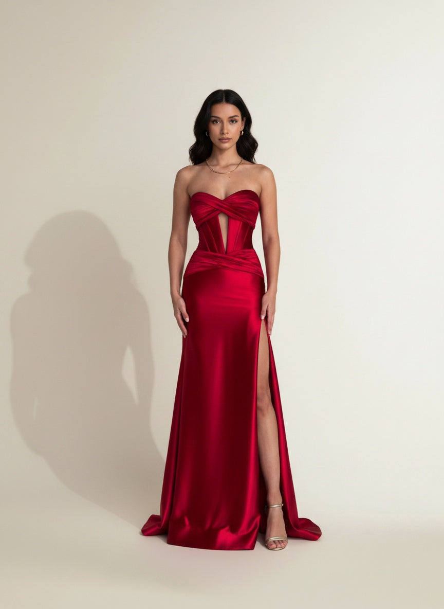 Full body view of the model wearing Elegant Chest-wrapped Off-neck Long Banquet