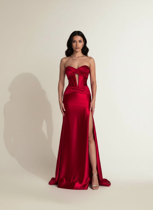 Full body view of the model wearing Elegant Chest-wrapped Off-neck Long Banquet