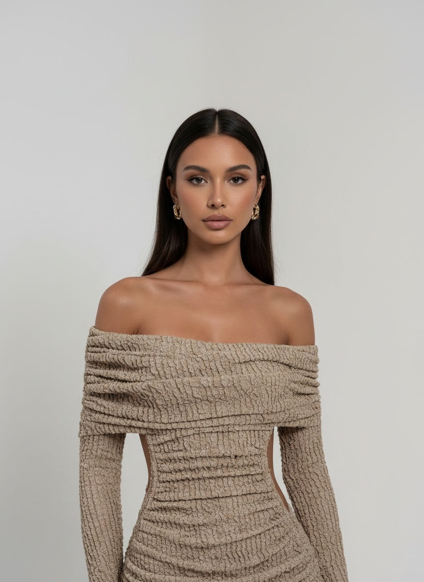 Close-up of the model wearing Women's Fashion Hollowed-out Off-shoulder Dress