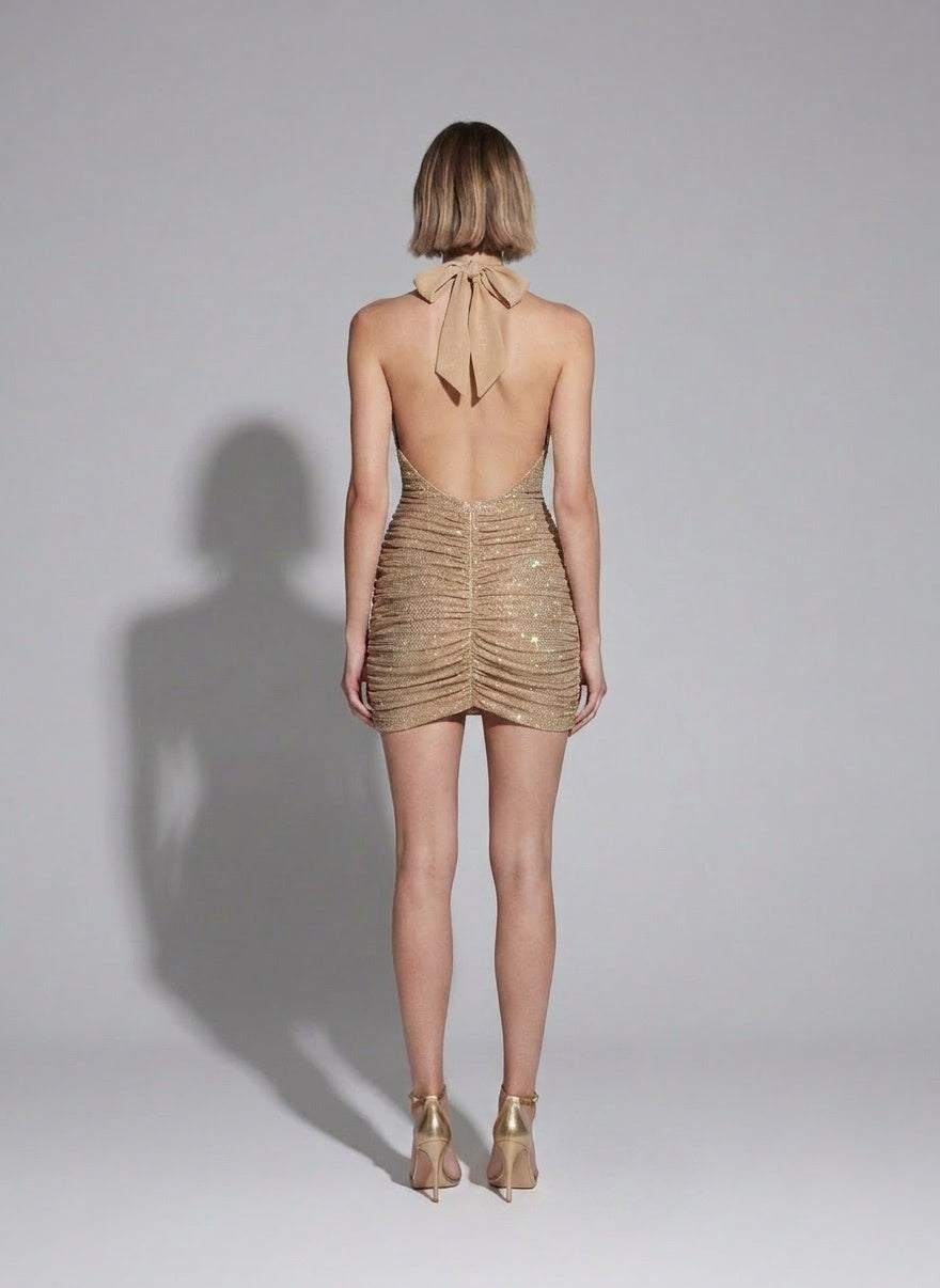 Back pose of the model wearing Sexy Backless Bodycon Mini Dress For Women