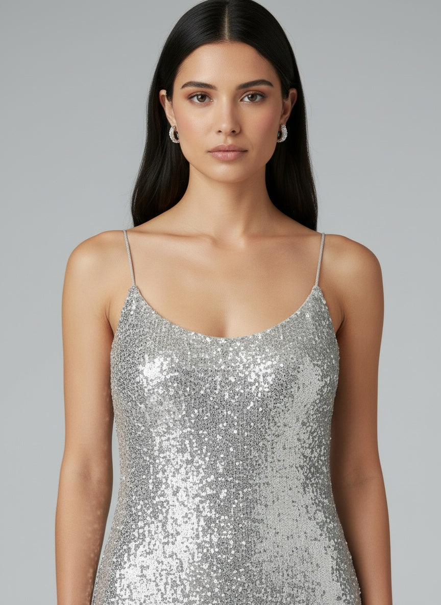Close-up of the model wearing Sexy Backless Mesh Stitching Socialite Temperament Slim Dress