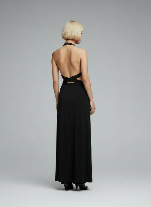 Back pose of the model wearing Deep V Midriff Outfit Backless Dress