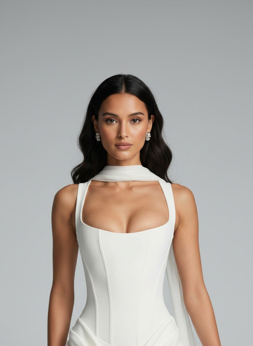 Close-up of the model wearing Women's Strapless Sleeveless Sheath Maxi Dress