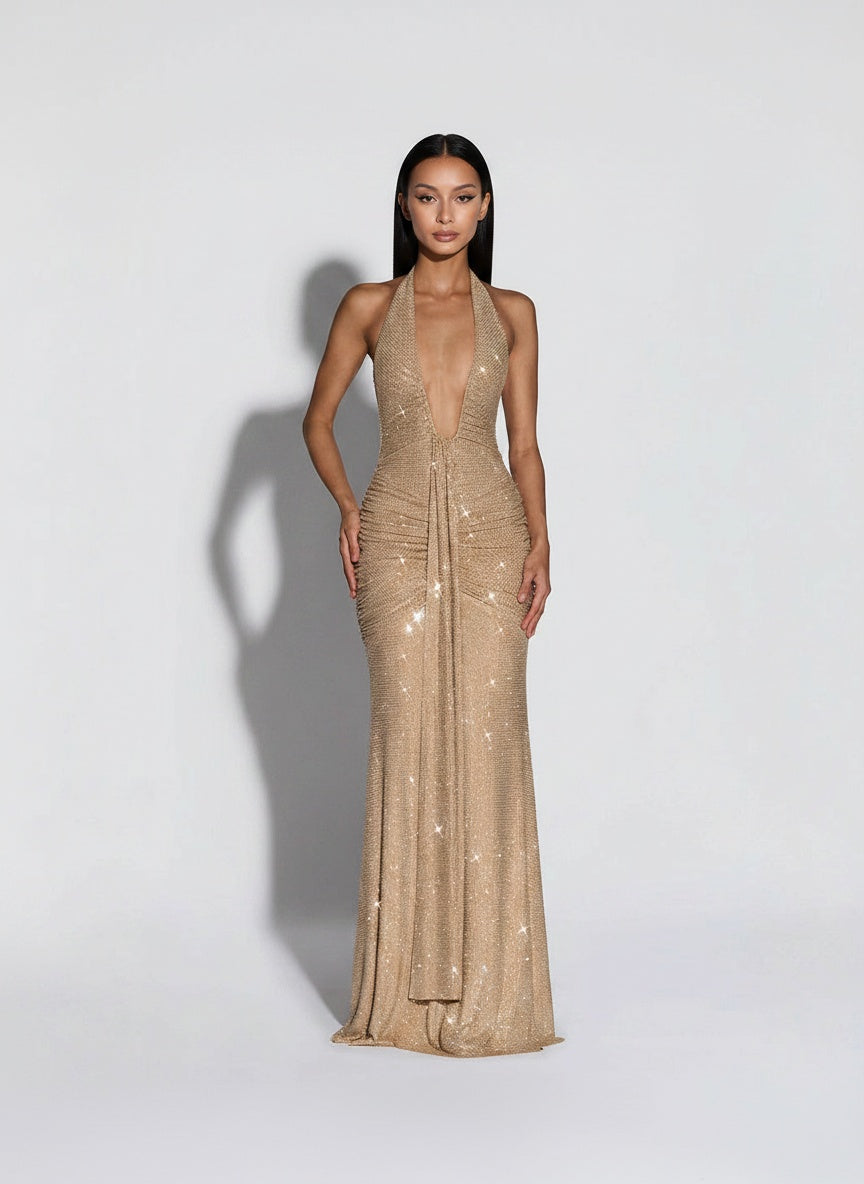 Full body view of the model wearing Womens Stylish Chic And Sexy Backless Deep V-Neck Halter Dress